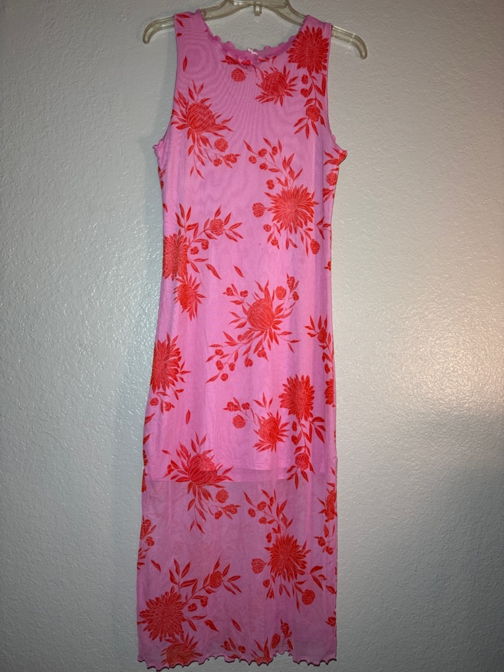 Sleeveless Pink Dress with Red Orange  Floral Print